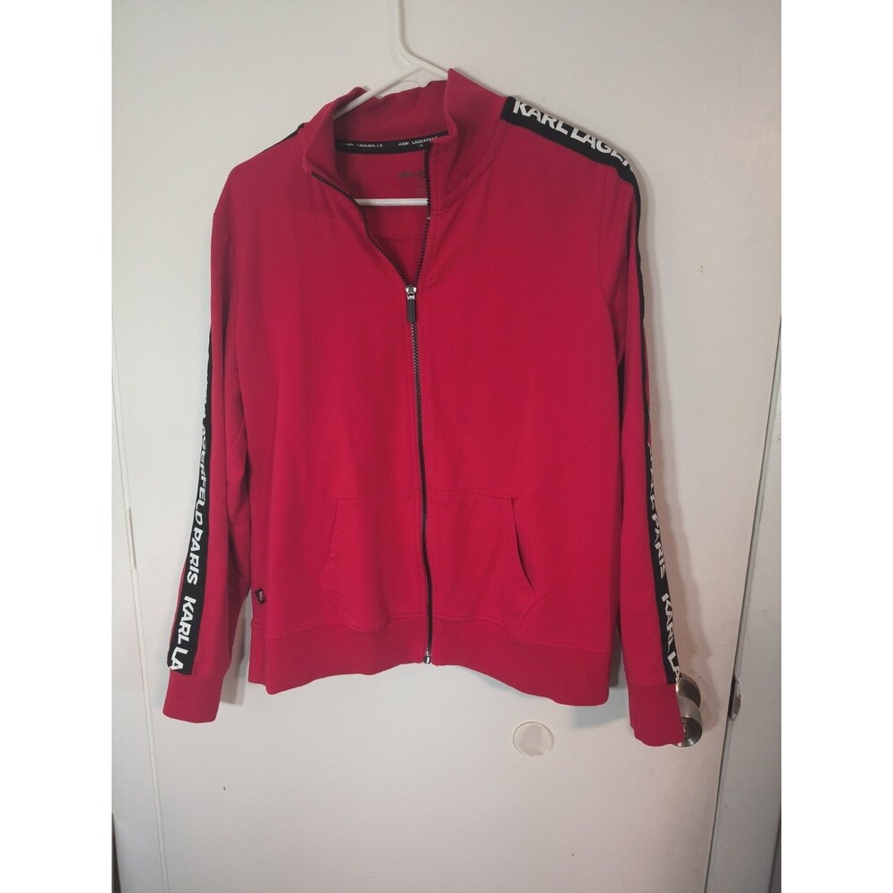 Karl Lagerfeld Hoodie Full Zip Red With Black And White Spellout Tape Womens M